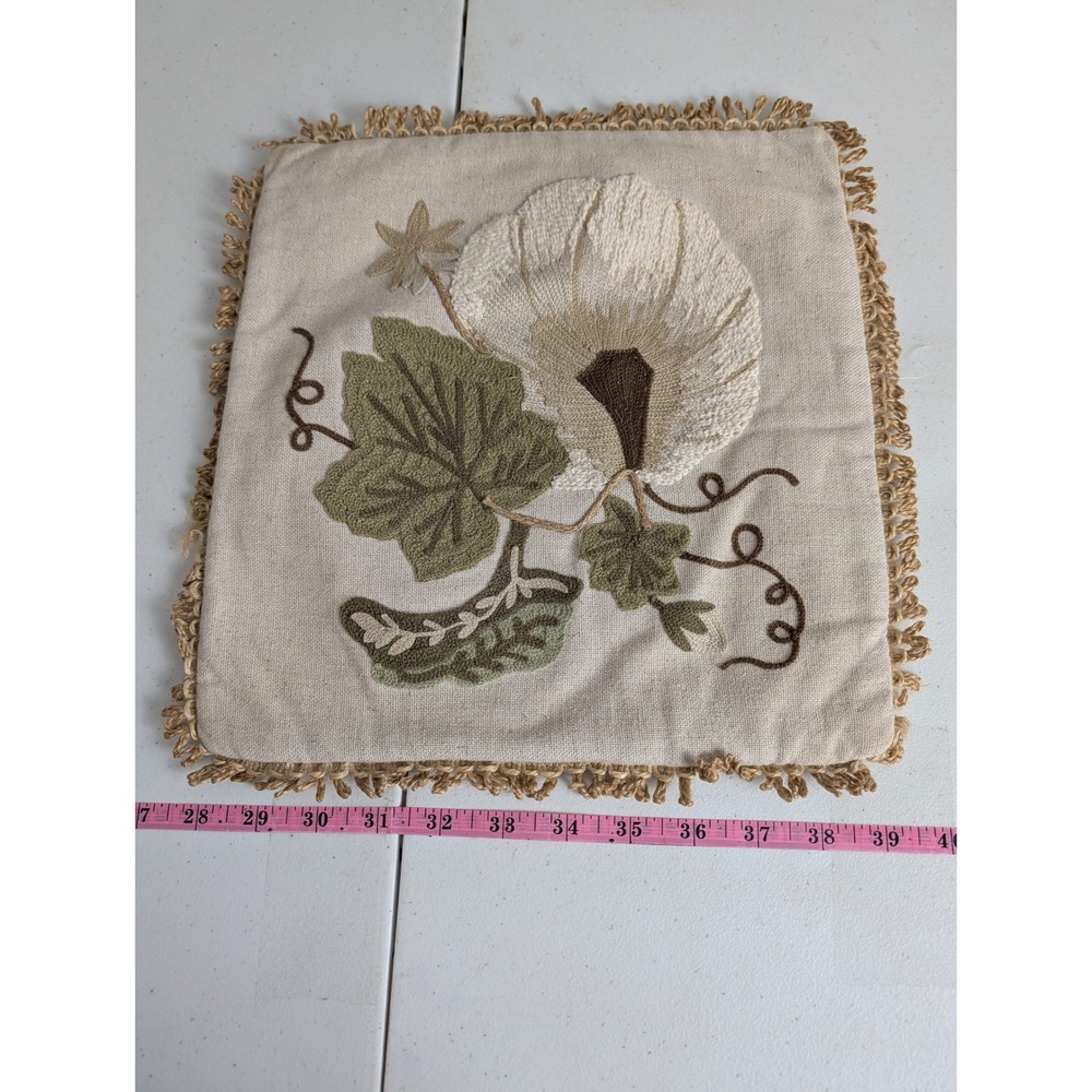 Pier 1 Embroidered Floral Decorative Pillow Cover 12x12 Cream Green Boho Fringe